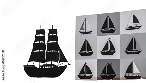 A detailed illustration of a large, three-masted sailing ship with billowing sails. isolated on transparent background