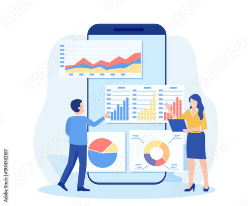 Data analytics, dashboard and business finance report. business people working for data analytics and monitoring on web report. business finance investment concept. Vector illustration in flat style