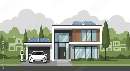 Modern vector illustration of eco friendly house with solar panels and electric car in sustainable suburban neighborhood promoting green energy and clean lifestyle