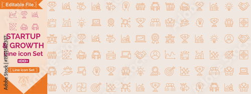 Startup & Growth icon set. Containing startup, innovation, business plan, investment, launch, funding, investor, entrepreneurship, Containing chart, gain, performance, increase, development line icon 