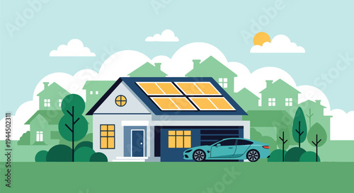 Modern vector illustration of eco friendly house with solar panels and electric car in sustainable suburban neighborhood promoting green energy and clean lifestyle