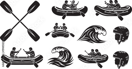 Kayaking and canoeing icons with paddles and waves graphics