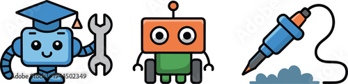 Cute cartoon robot characters, graduate bot with wrench, small toy robot, industrial jackhammer tool, STEM education icons, technology vector illustrations, mechanical engineering graphics.