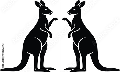 Symmetrical kangaroo pair standing upright silhouette, Australian wildlife marsupial vector illustration for logo, tattoo, emblem and nature design