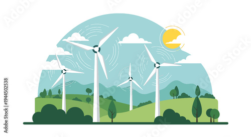 Modern vector illustration of wind turbines generating renewable electricity in open countryside landscape promoting sustainable energy future