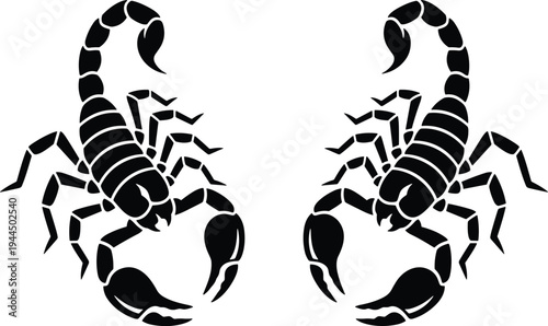 Symmetrical scorpion pair silhouette, dangerous desert arachnid vector illustration for tattoo, emblem, zodiac symbol, wildlife design