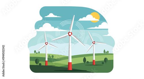 Modern vector illustration of wind turbines generating renewable electricity in open countryside landscape promoting sustainable energy future