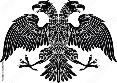 Double headed eagle heraldic symbol, black imperial eagle vector illustration, royal coat of arms emblem for heraldry, historical mascot, and luxury branding.