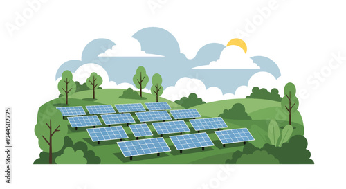 Modern vector illustration of large solar panel farm under bright sky representing renewable energy production and sustainable green technology