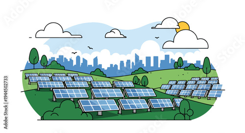Modern vector illustration of large solar panel farm under bright sky representing renewable energy production and sustainable green technology