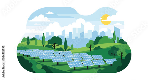 Modern vector illustration of large solar panel farm under bright sky representing renewable energy production and sustainable green technology