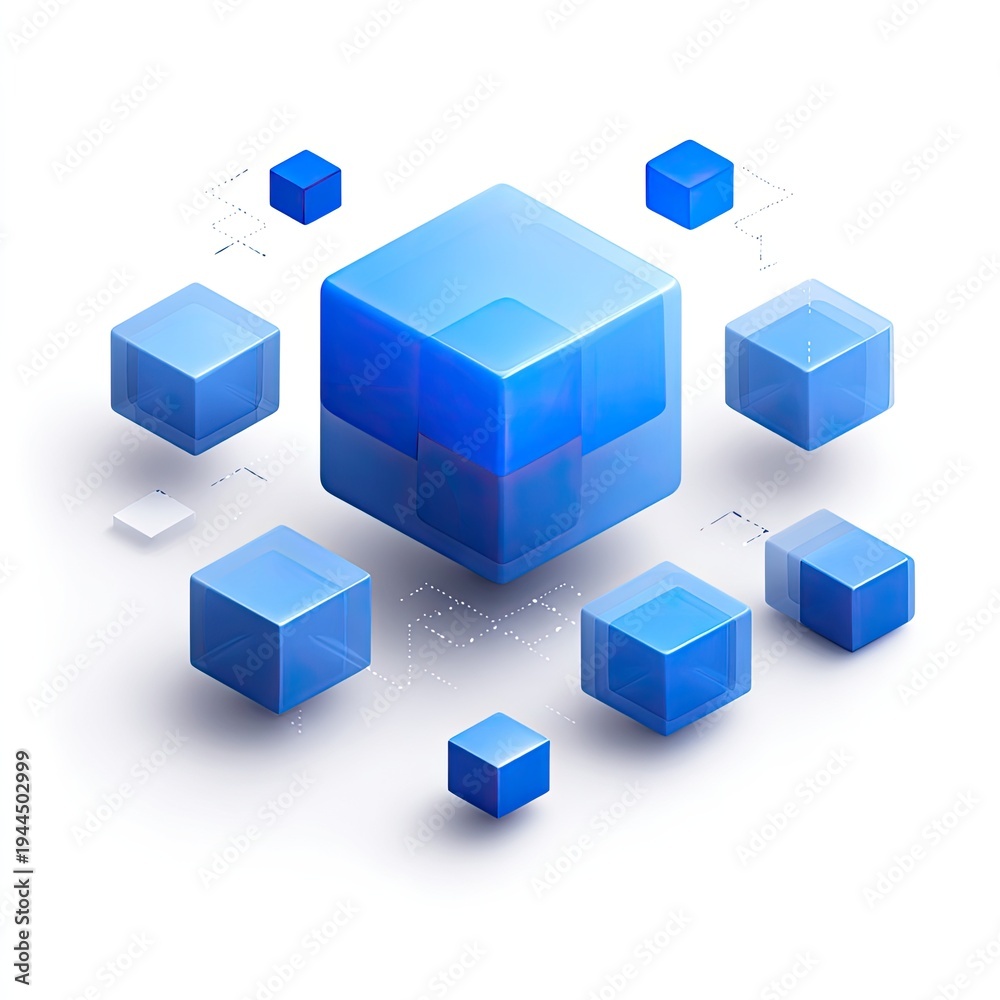 Obraz premium Abstract composition of blue cubes floating on a white background, connected by dots