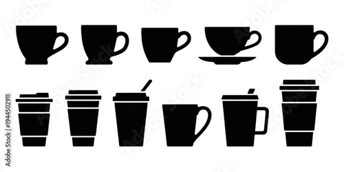 A collection of various coffee cups and saucers in different styles and designs Vector