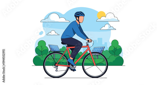 Modern vector illustration of person riding bicycle in eco friendly city promoting sustainable transportation and low carbon lifestyle