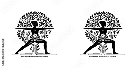 Professional vector illustration for “WELLNESS & MINDFULNESS CONCEPTS” featuring yoga Warrior II pose with tree and lotus, symbolizing balance, growth, purity, and holistic well-being branding.