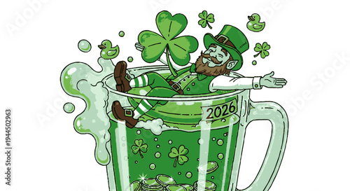 Leprechaun in green beer mug with shamrocks and gold coins st patrick's day celebration