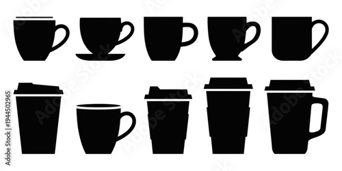 A collection of various cups and mugs in different shapes and sizes arranged in a row Vector