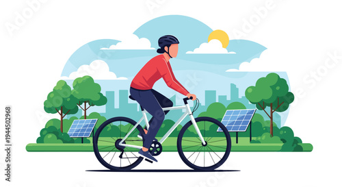 Modern vector illustration of person riding bicycle in eco friendly city promoting sustainable transportation and low carbon lifestyle