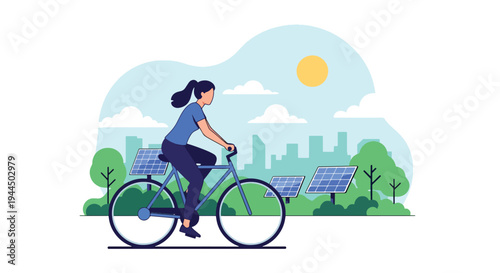 Modern vector illustration of person riding bicycle in eco friendly city promoting sustainable transportation and low carbon lifestyle