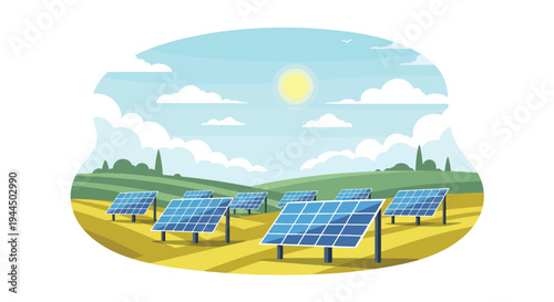Modern vector illustration of large solar panel farm under bright sky representing renewable energy production and sustainable green technology
