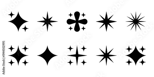 A collection of various star shapes and symbols with a black and white color scheme Vector