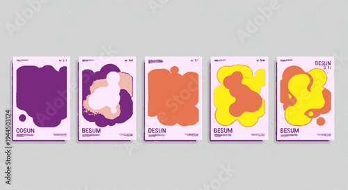 Colorful resin art cards in purple orange and yellow on a light gray background with unique textures