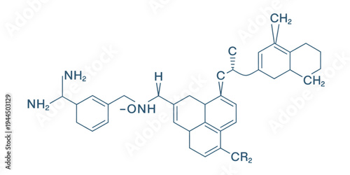 Detailed molecular structure of a complex organic compound with multiple rings and functional groups Vector