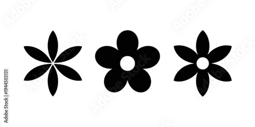 Three different types of stylized black and white flowers with five petals each Vector