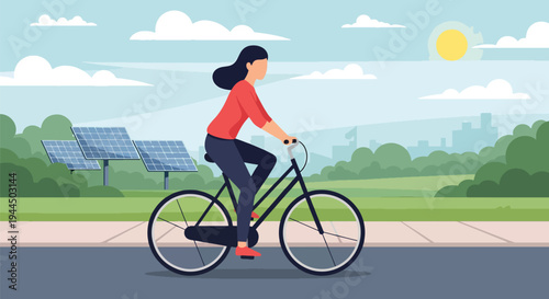 Modern vector illustration of person riding bicycle in eco friendly city promoting sustainable transportation and low carbon lifestyle
