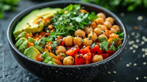 An appetising salad with avocado, tomatoes and greens in black tableware will be a bright accent for recipe articles or restaurant menus as a natural backdrop.