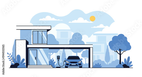 Modern vector illustration of electric car charging at home station in residential neighborhood promoting clean energy mobility