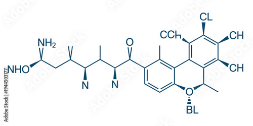 Chemical structure of a complex organic molecule with various functional groups Vector