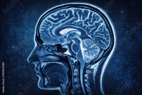 Detailed medical visualization of the human brain and head in sagittal section resembling MRI or CT scan imagery.  