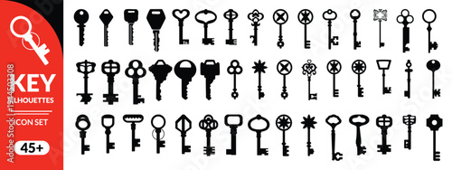 Antique key silhouettes. Medieval and modern keys, black vintage shapes set. Open door symbols, privacy and escape. Abstract tidy vector elements