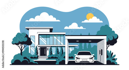 Modern vector illustration of electric car charging at home station in residential neighborhood promoting clean energy mobility