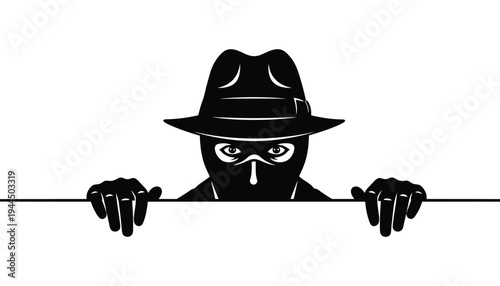 A black silhouette of a masked man in a fedora hat peeking behind a sign