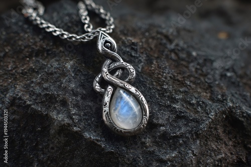 Intricate silver snake shaped pendant featuring a glowing moonstone, resting on a rough dark stone surface, highlighting artisan craft