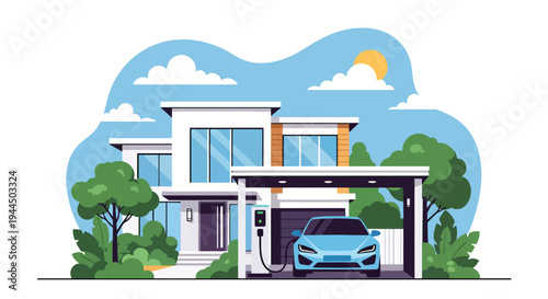 Modern vector illustration of electric car charging at home station in residential neighborhood promoting clean energy mobility