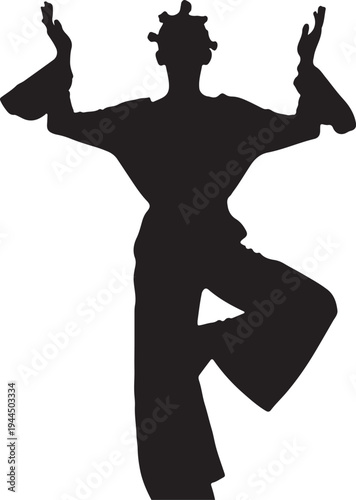 Silhouette of person performing a yoga pose with raised arms and balanced leg