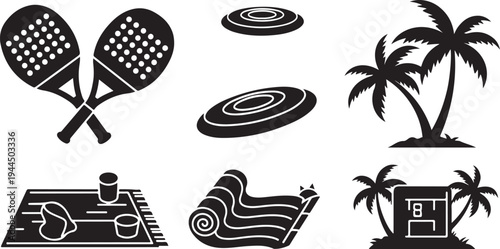 Black and white beach tennis icons and symbols set