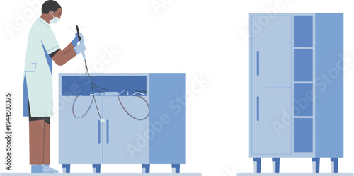 Scientist working in laboratory illustration, male researcher using medical equipment, blue lab cabinets for healthcare, science, research, biotechnology, medicine, and clinical study.