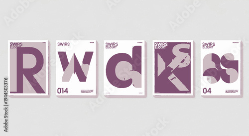 Purple and white typographic posters with large letters on a light gray background