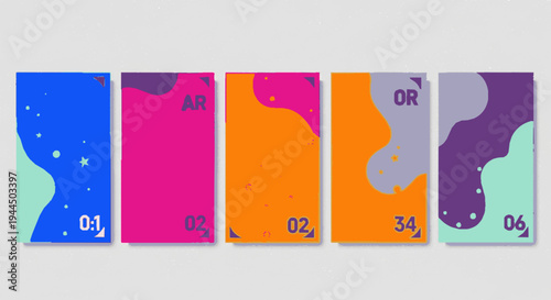 Colorful abstract book covers with numbers and letters on a light gray background