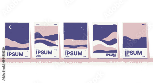 Five minimalist mountain landscape posters with purple and pink hues at dusk or night