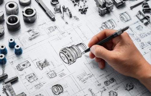 Hand drawing a technical diagram surrounded by mechanical parts on a light surface