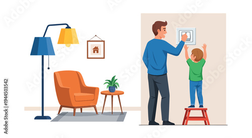 Modern vector illustration of family turning off lights to save electricity at home promoting energy efficiency and responsible lifestyle