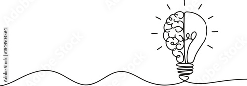 A continuous line drawing illustrates a human brain inside half a bright light bulb.