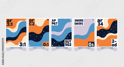 Vibrant abstract backgrounds with swirling patterns and text elements on colorful cards