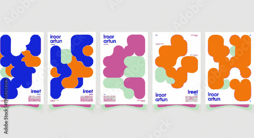 Colorful abstract packaging designs with unique shapes and patterns on white background