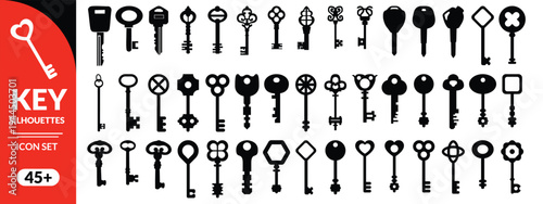 Antique key silhouettes. Medieval and modern keys, black vintage shapes set. Open door symbols, privacy and escape. Abstract tidy vector elements